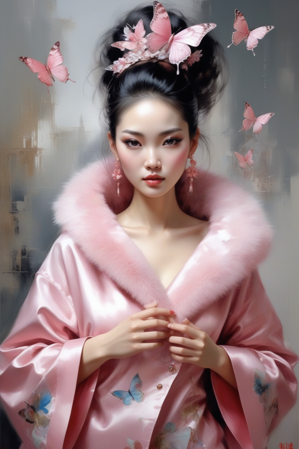 01410-1518437857-by Willem Haenraets,Guo Pei,_This woman in pink butterfly coat,young,rather beautiful,on her right eyebrow,there are a few chips.png